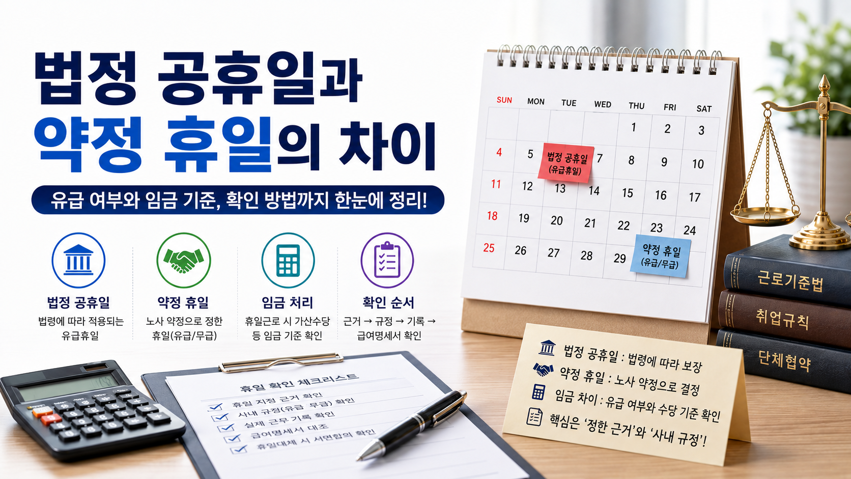 법정 공휴일과 약정 휴일 차이, 유급 여부와 임금 처리 기준